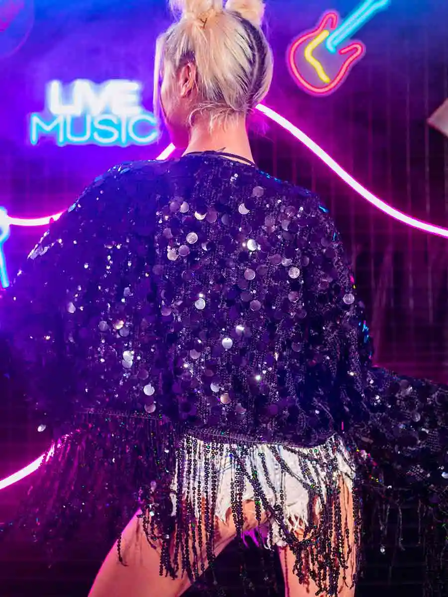 Women's Fringed Black Sequin Jacket Top - Image 5
