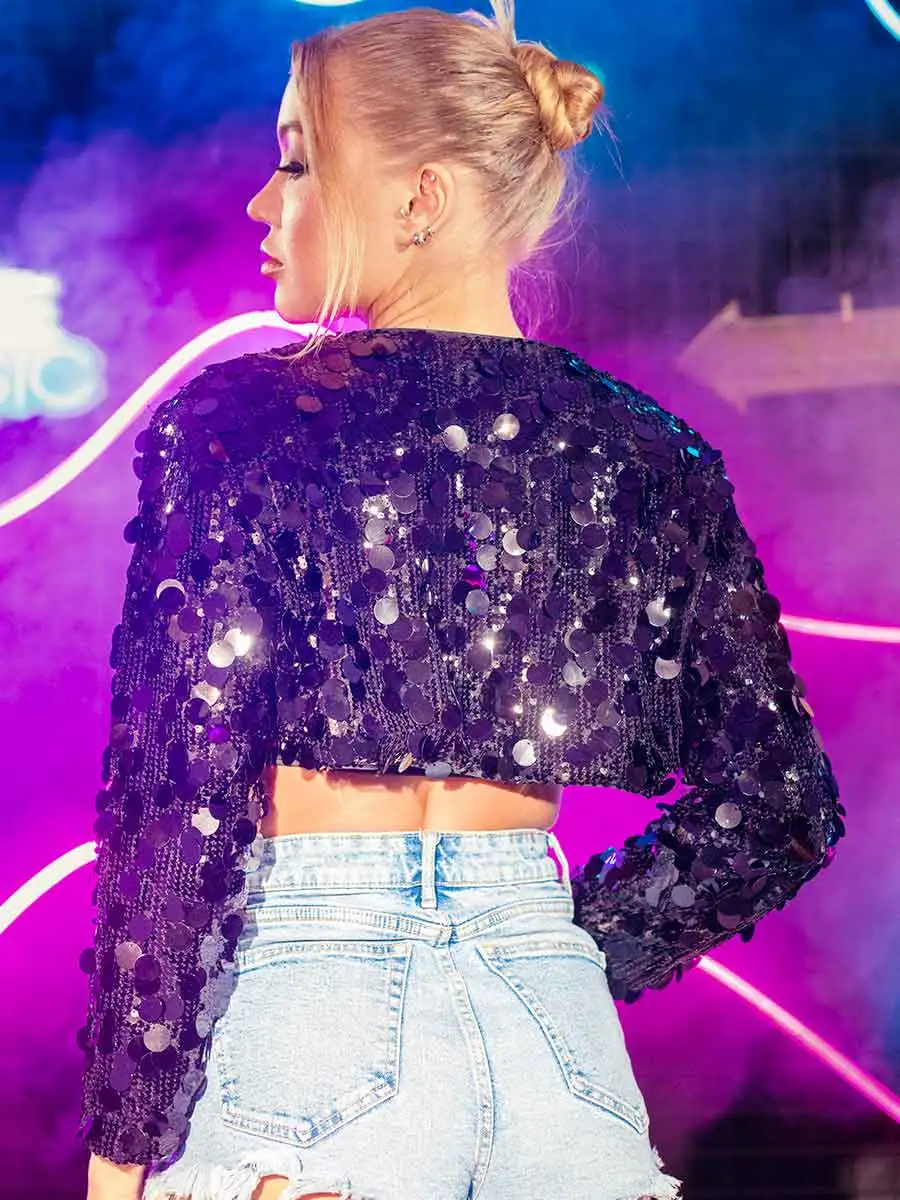 Short Casual Black Sequin Jacket Top - Image 4
