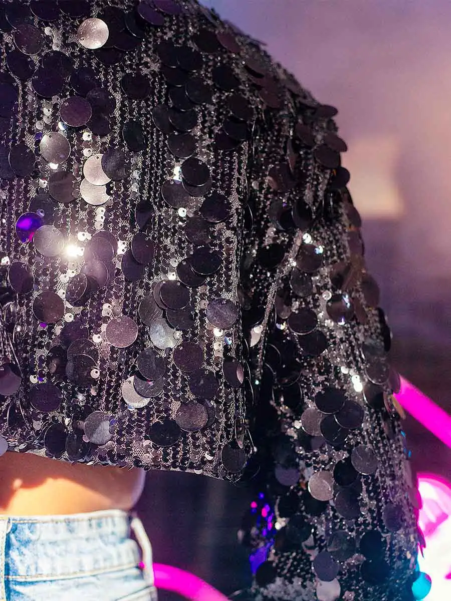 Short Casual Black Sequin Jacket Top - Image 5
