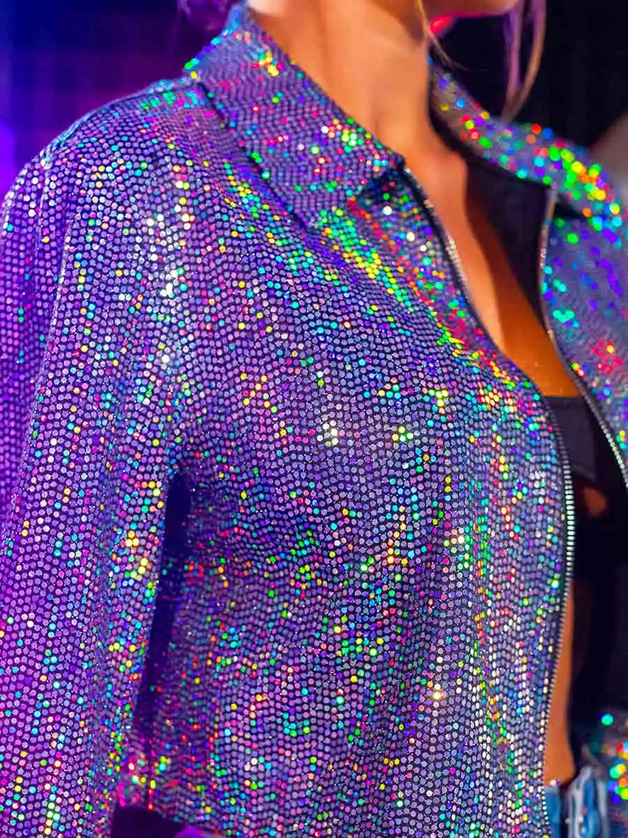 Silver Sequin Jacket Womens - Elegant Lapel Jacket - Image 5