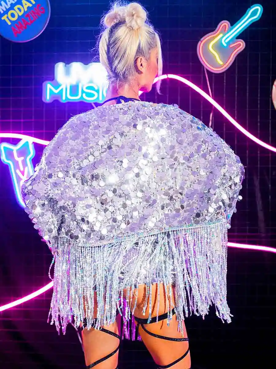 Silver Fringe Sparkle Jacket - Fringe Sparkly Jacket - Image 2