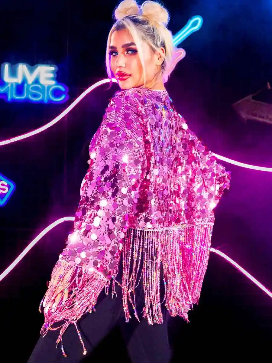 New Pink Sequin Fringe Long Sleeve Jacket Top - Image 2