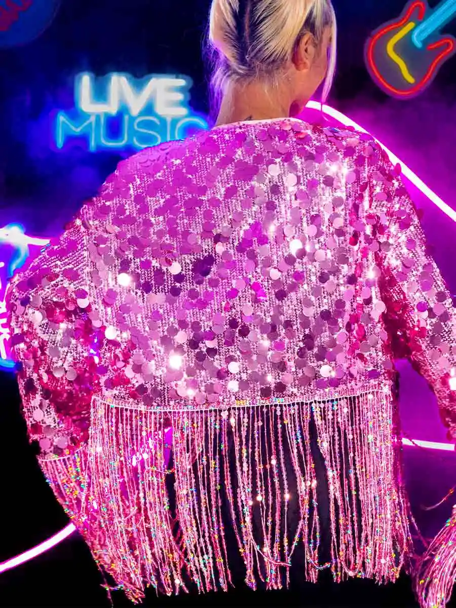 New Pink Sequin Fringe Long Sleeve Jacket Top - Image 3