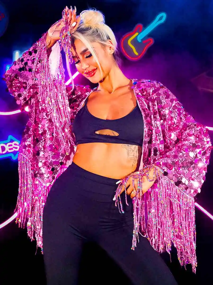 New Pink Sequin Fringe Long Sleeve Jacket Top - Image 4