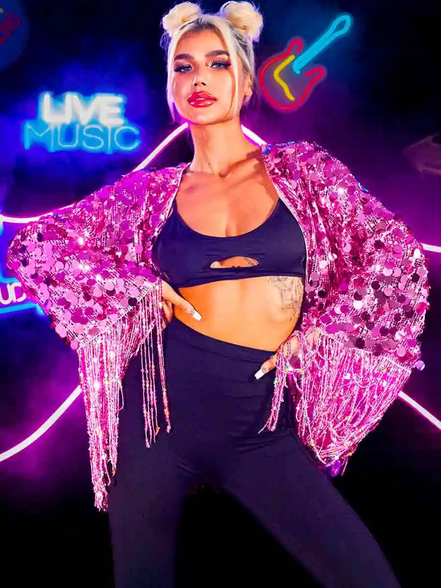 New Pink Sequin Fringe Long Sleeve Jacket Top - Image 5