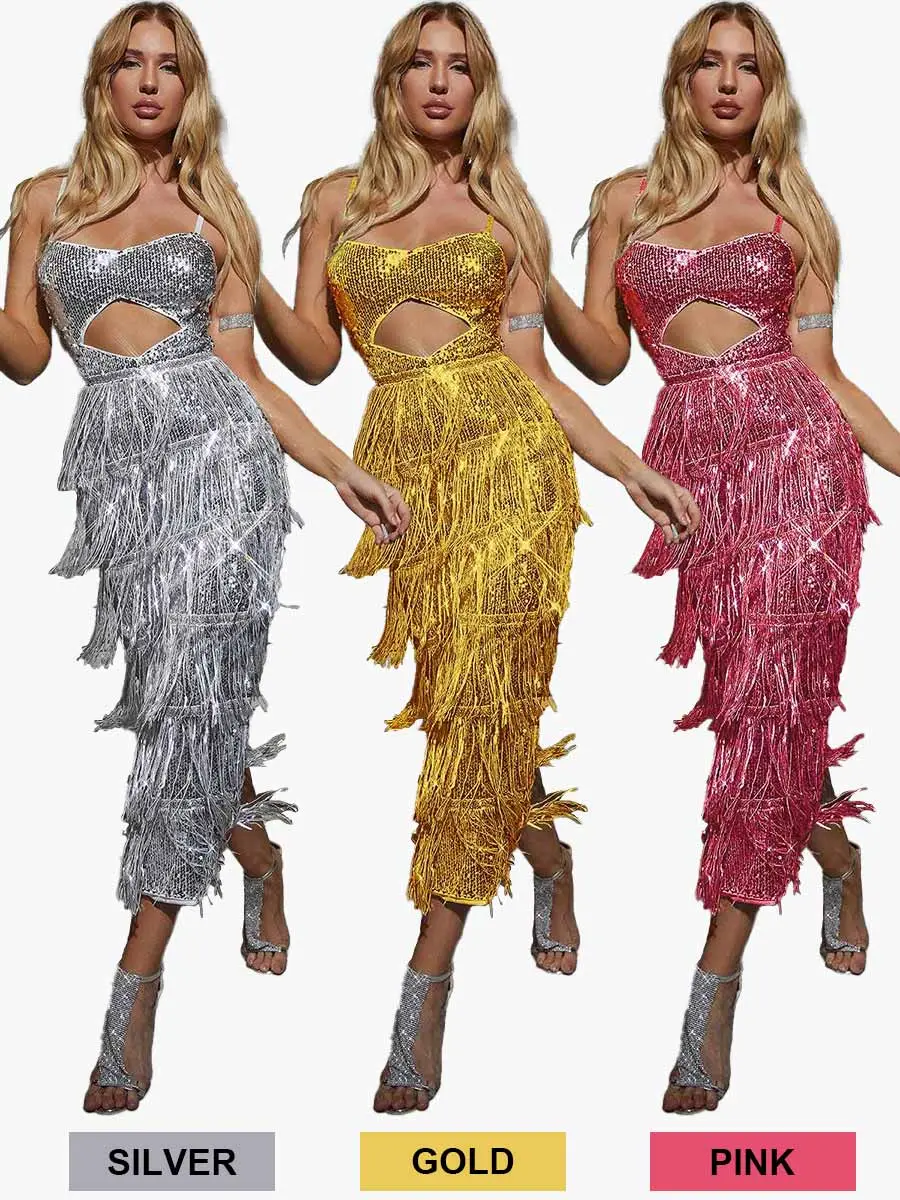 New Sparkly Sequin Cutout Fringe Midi Dress In Silver - Image 5