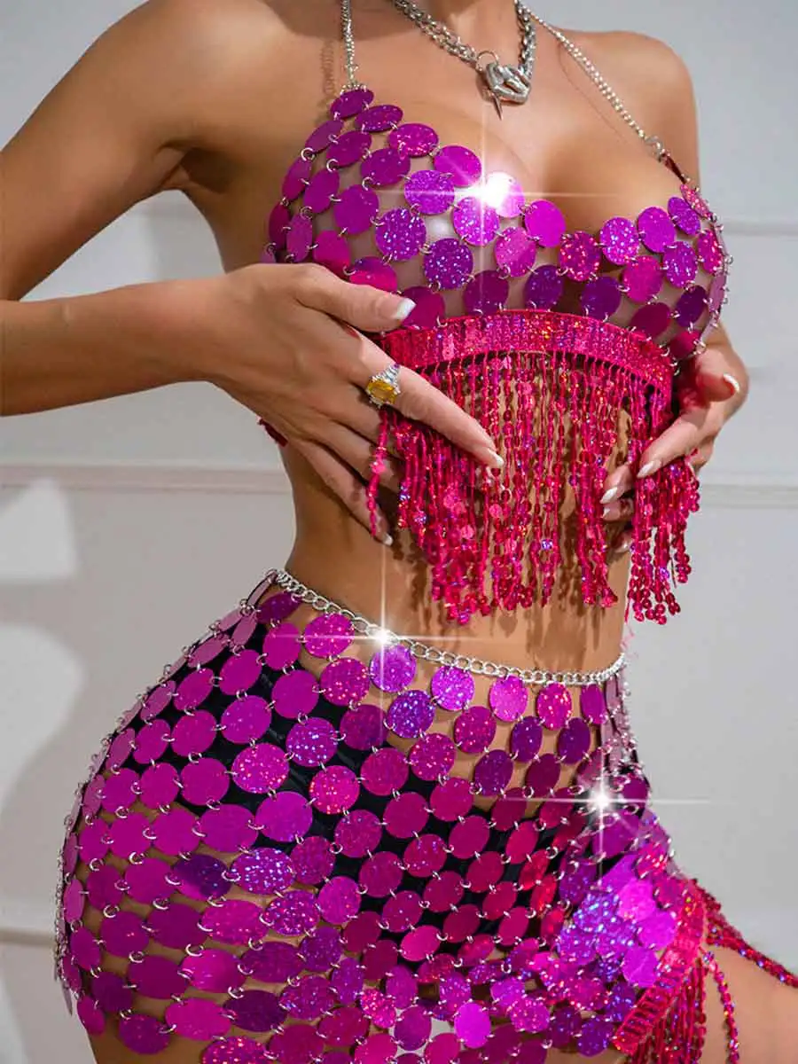 Women's Pink Sparkly Tassel Bra Sequin Disc Mini Skirt Set - Image 3