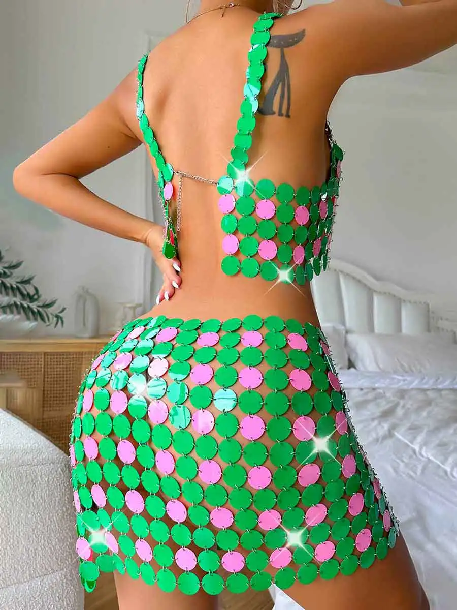 Women Sparkly Sequin Mini Skirt Green Disco Bra Top Set - Image 2