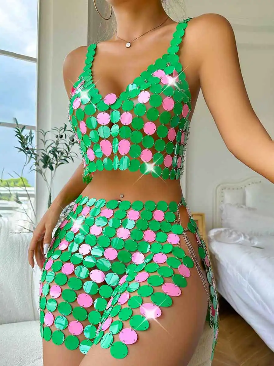 Women Sparkly Sequin Mini Skirt Green Disco Bra Top Set - Image 3