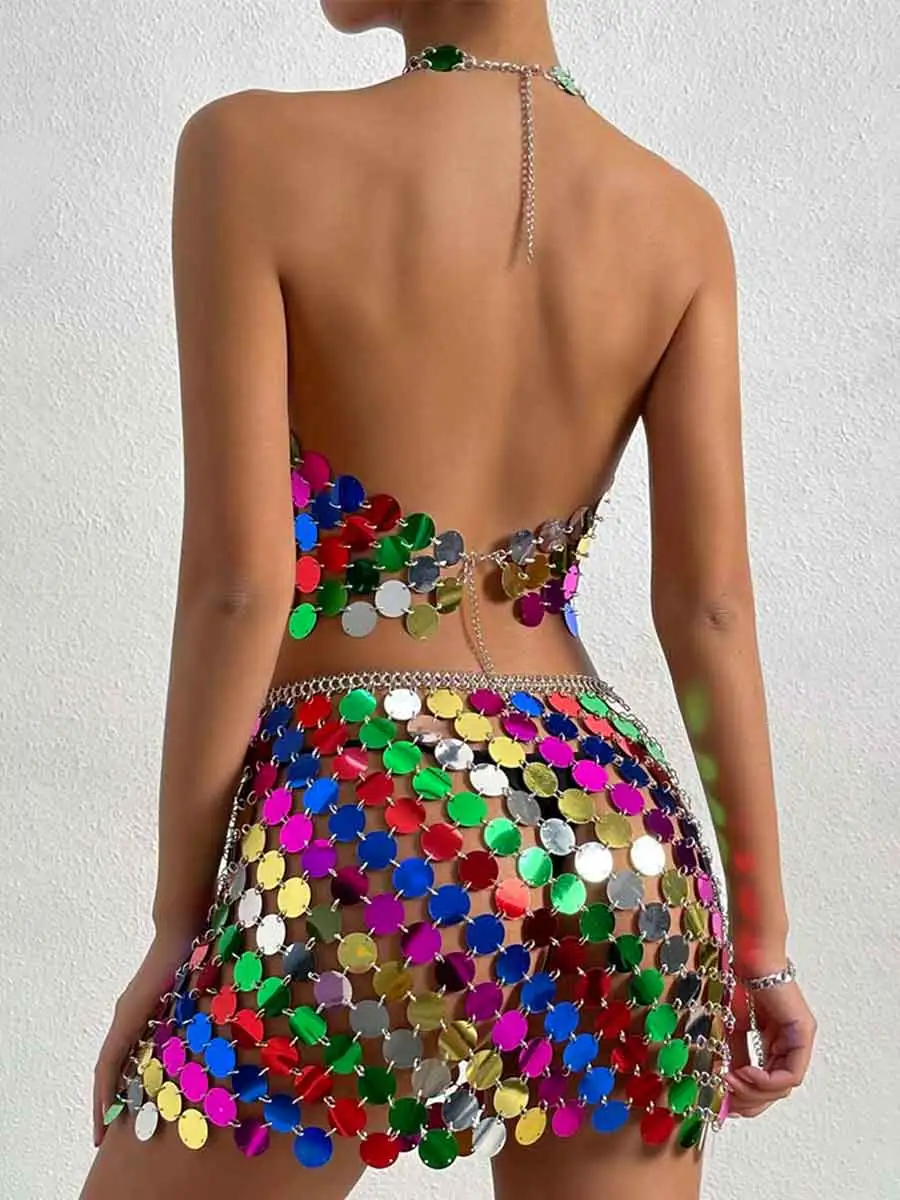 Rainbow Sequin Outfit - Mini Skirt + Disco Bra Top Set - Image 2