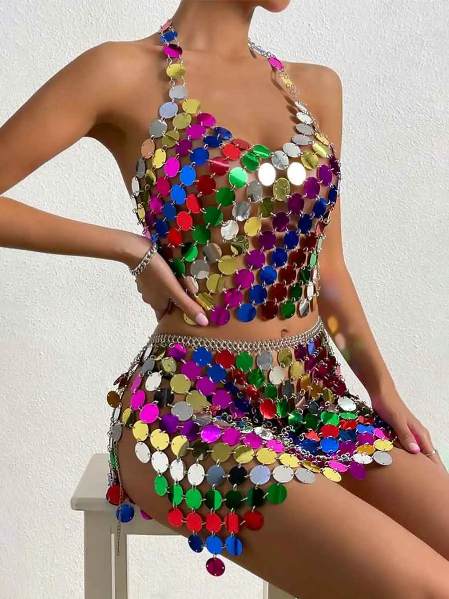 Rainbow Sequin Outfit - Mini Skirt + Disco Bra Top Set - Image 3