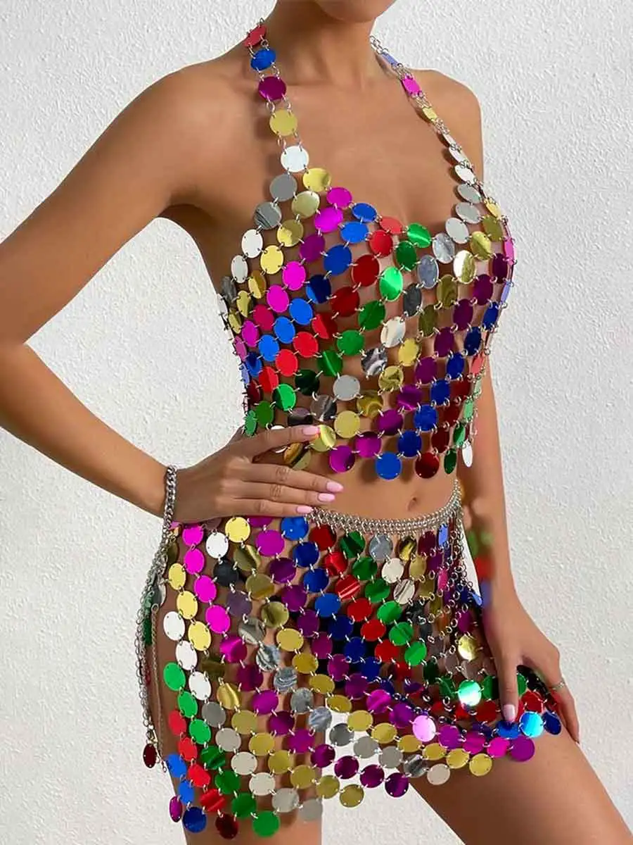 Rainbow Sequin Outfit - Mini Skirt + Disco Bra Top Set - Image 4