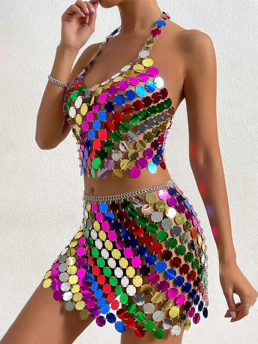 Rainbow Sequin Outfit - Mini Skirt + Disco Bra Top Set - Image 5