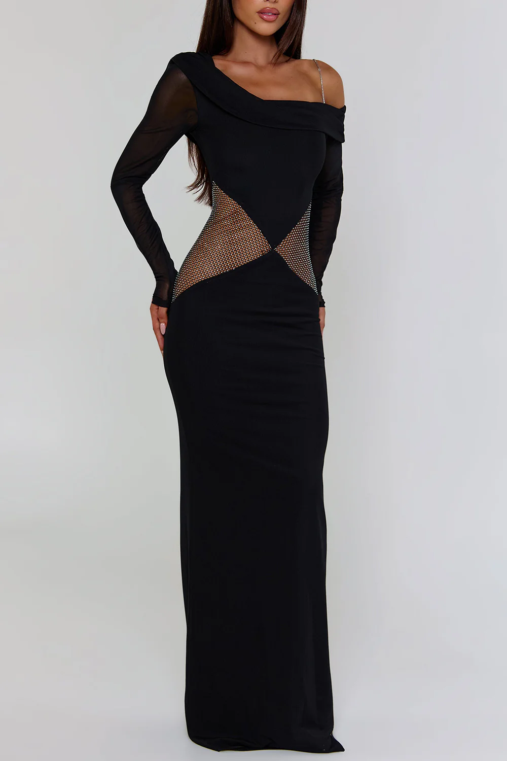 Asymmetric Cami Long Sleeve Fishnet Patchwork Maxi Dresses-Black Pre Order - Image 2
