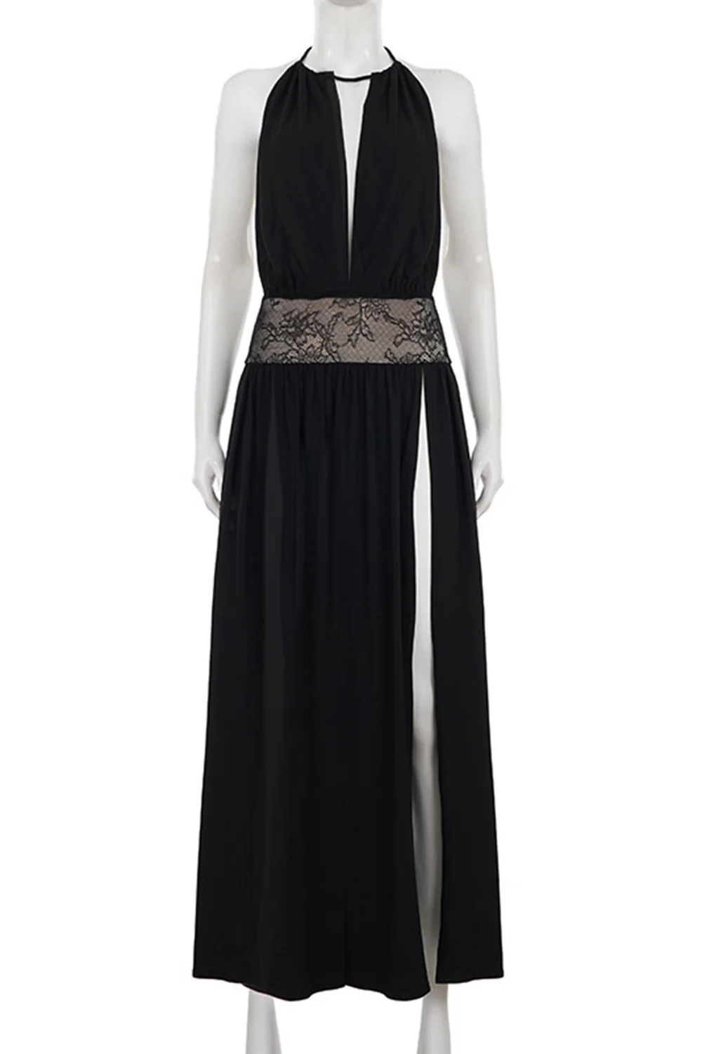 Backless Lace Patchwork Halter Collar High Slit Maxi Dresses-Black - Image 5