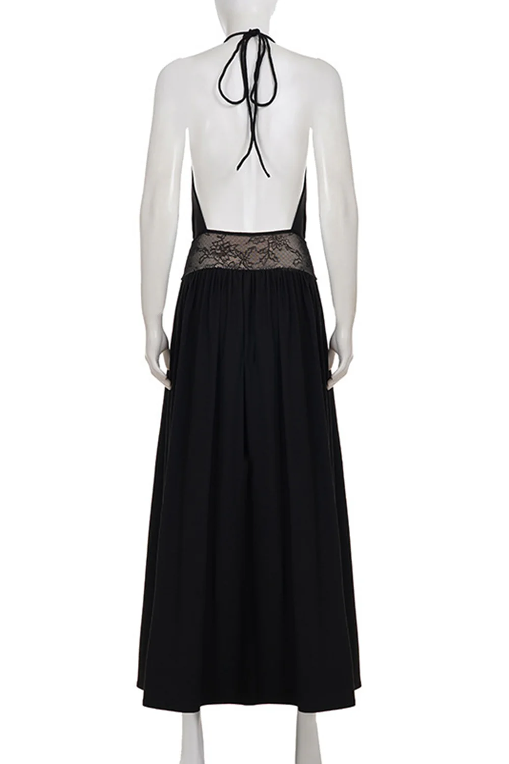 Backless Lace Patchwork Halter Collar High Slit Maxi Dresses-Black - Image 6