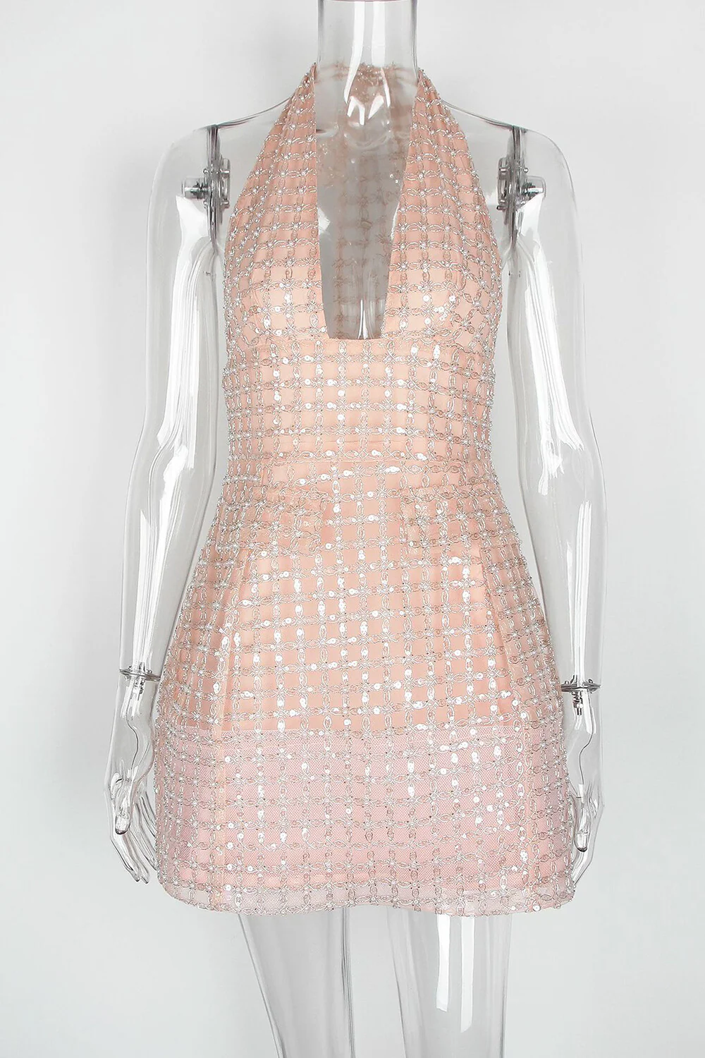 Beaded Sequined Deep V Neck Halter Cinch Waist Mini Dresses-Pink - Image 5
