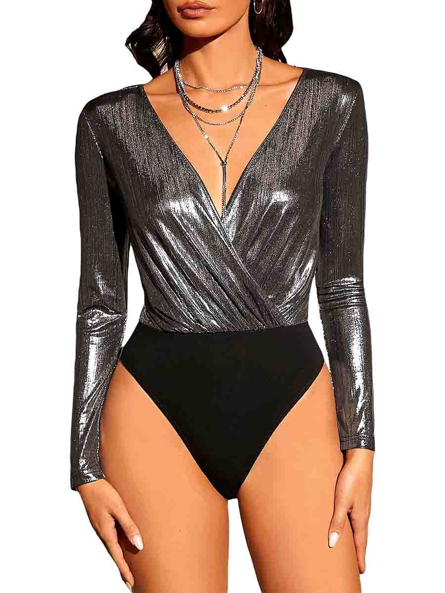 Wrap Ruched Deep V Neck Black Glitter Long Sleeve Bodysuit - Image 7