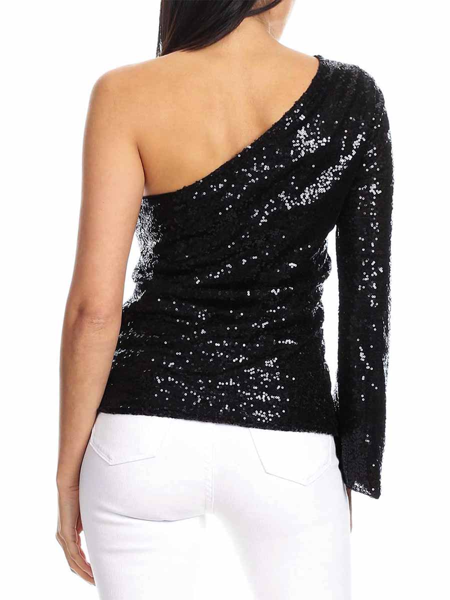 Long Sleeve One Shoulder Women's Black Glitter Shirt - Image 3