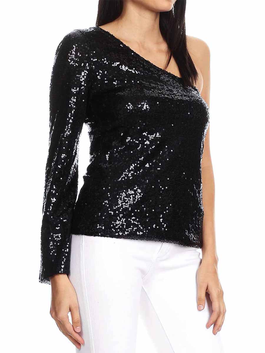 Long Sleeve One Shoulder Women's Black Glitter Shirt - Image 4