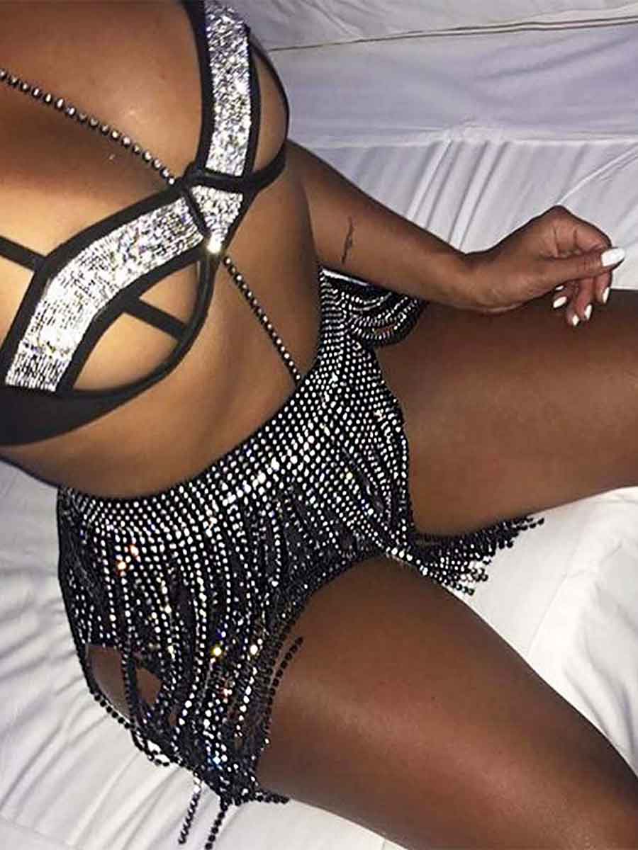 Shiny Wrap Belt Skirt - Black Rhinestone Tassel Skirt - Image 2