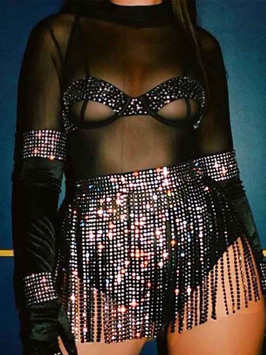 Shiny Wrap Belt Skirt - Black Rhinestone Tassel Skirt - Image 6