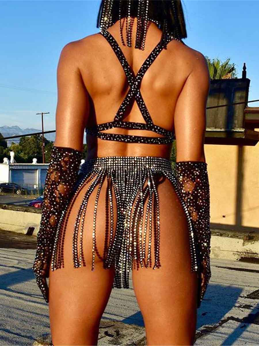 Shiny Wrap Belt Skirt - Black Rhinestone Tassel Skirt - Image 7