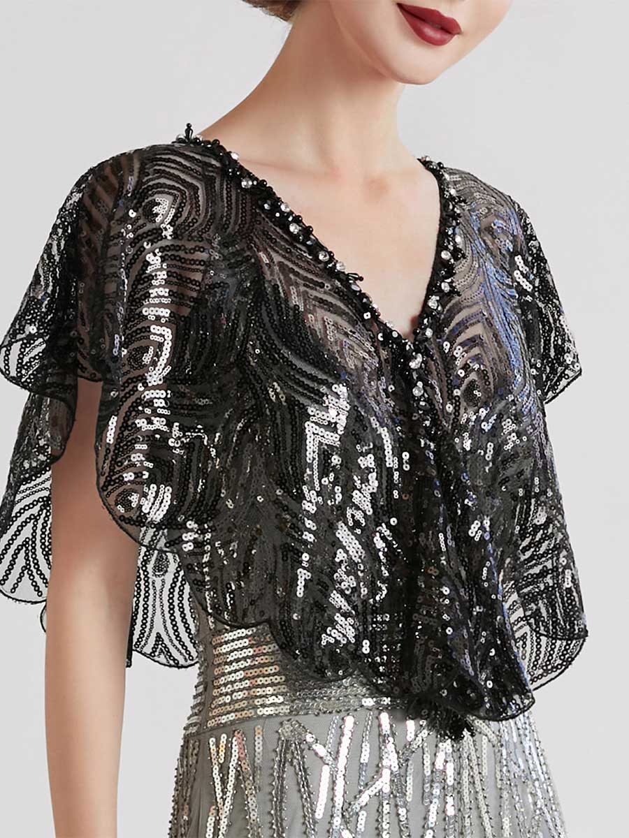 Black Sequin Cape Mesh Cover-Up - Image 3