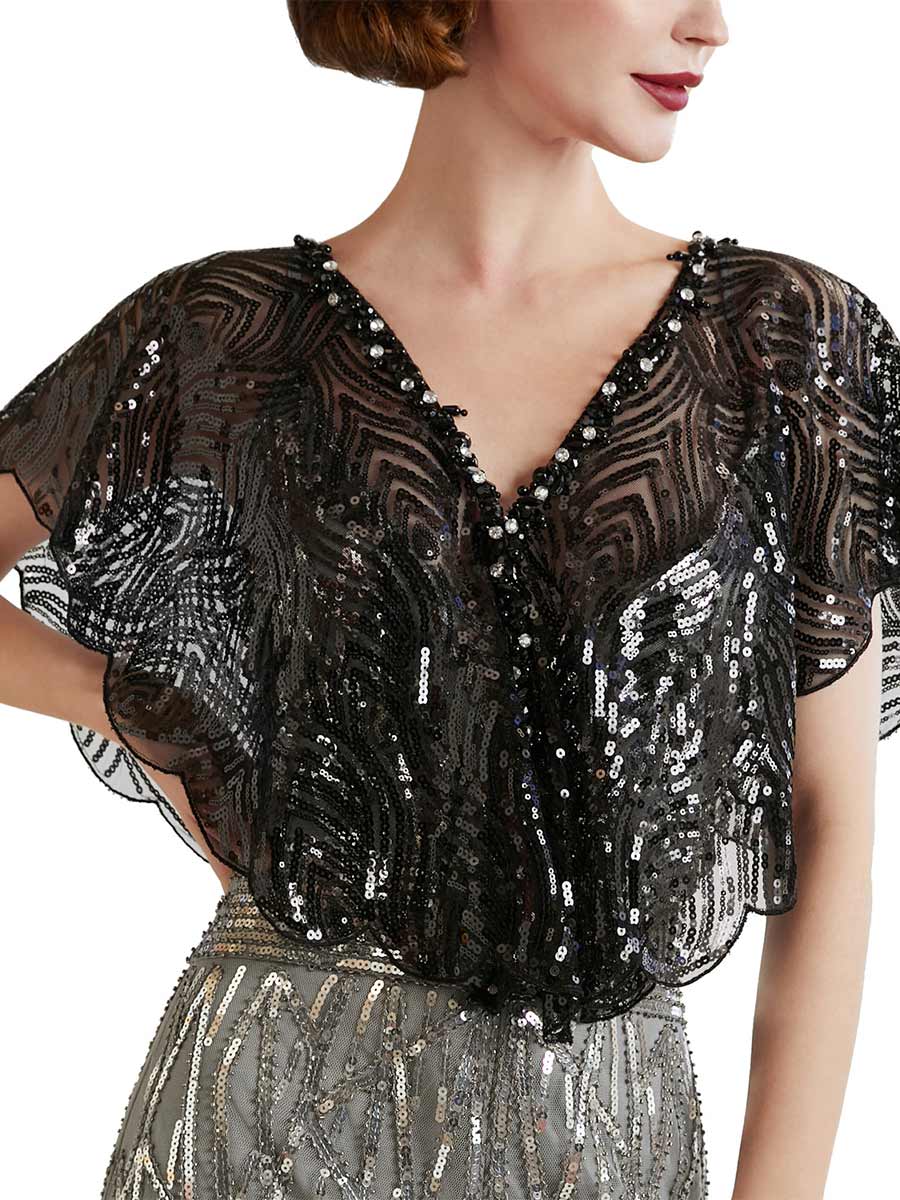 Black Sequin Cape Mesh Cover-Up - Image 4