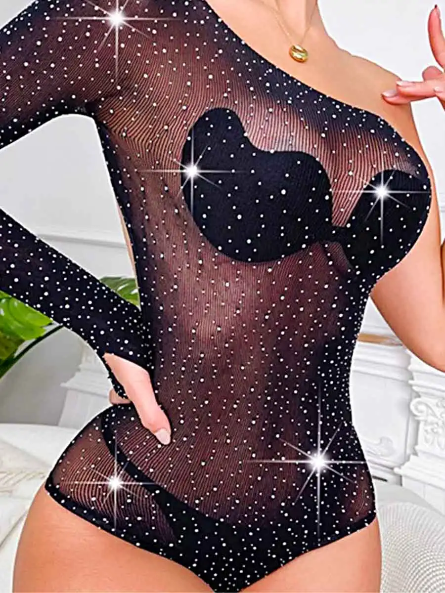 Mesh Bodysuit With Rhinestones - One-Shoulder Bodysuit - Image 3