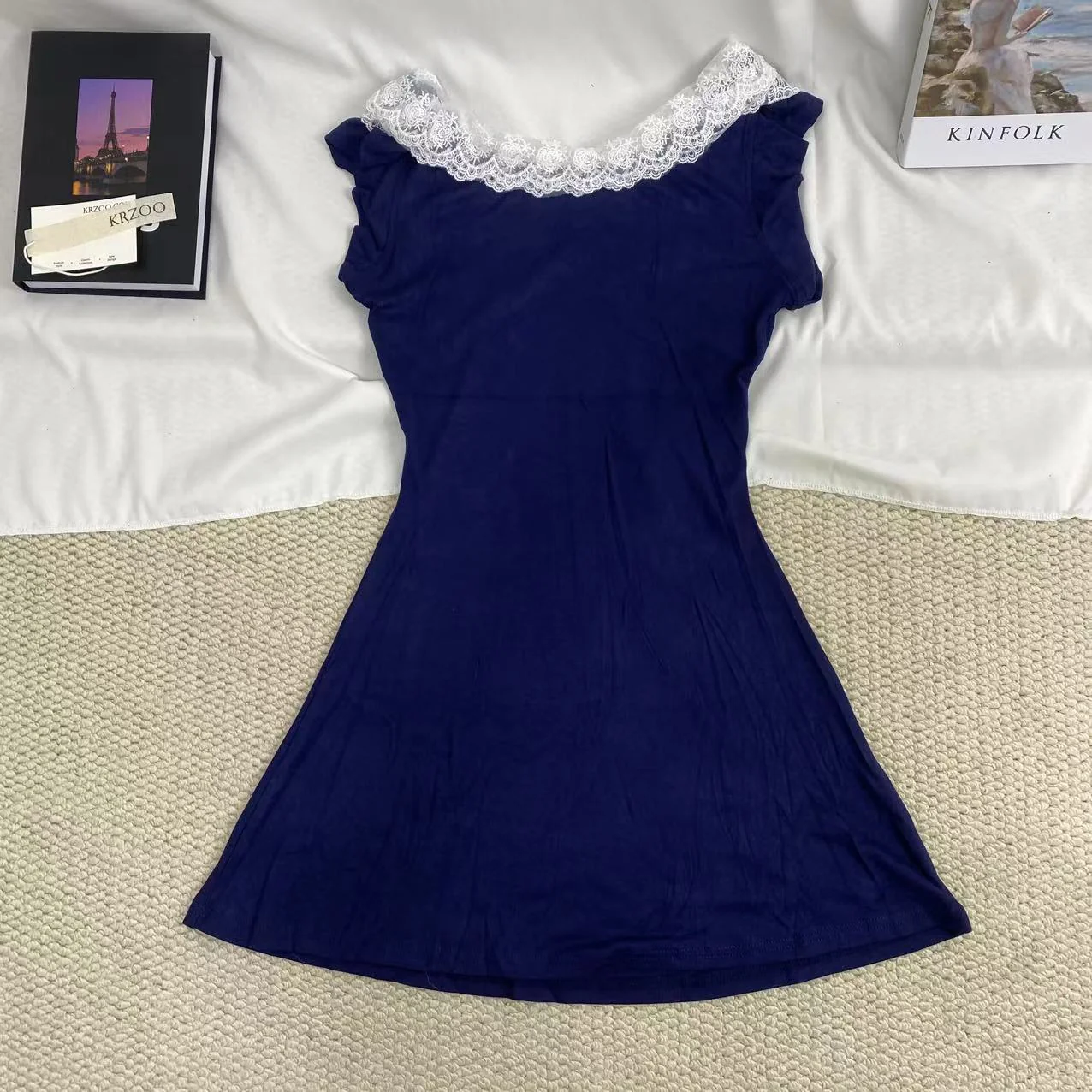Blue Lace-Trimmed Dress - Image 2