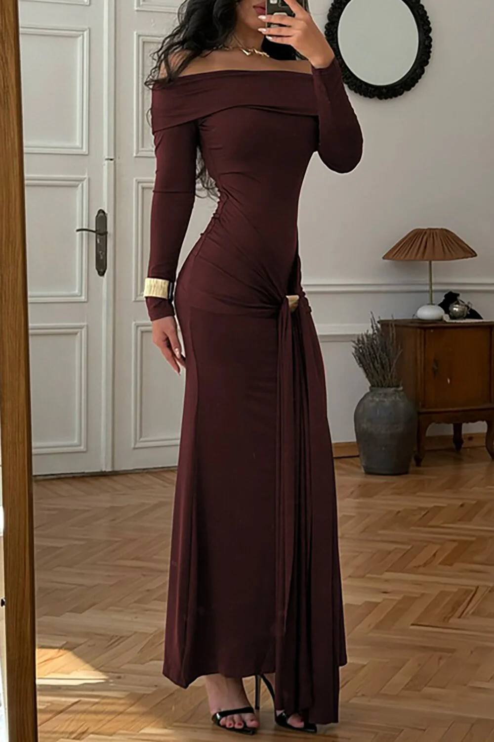 Boat Neck Long Sleeve Ruched Streamer Solid Color Maxi Dresses-ReddishBrown - Image 2