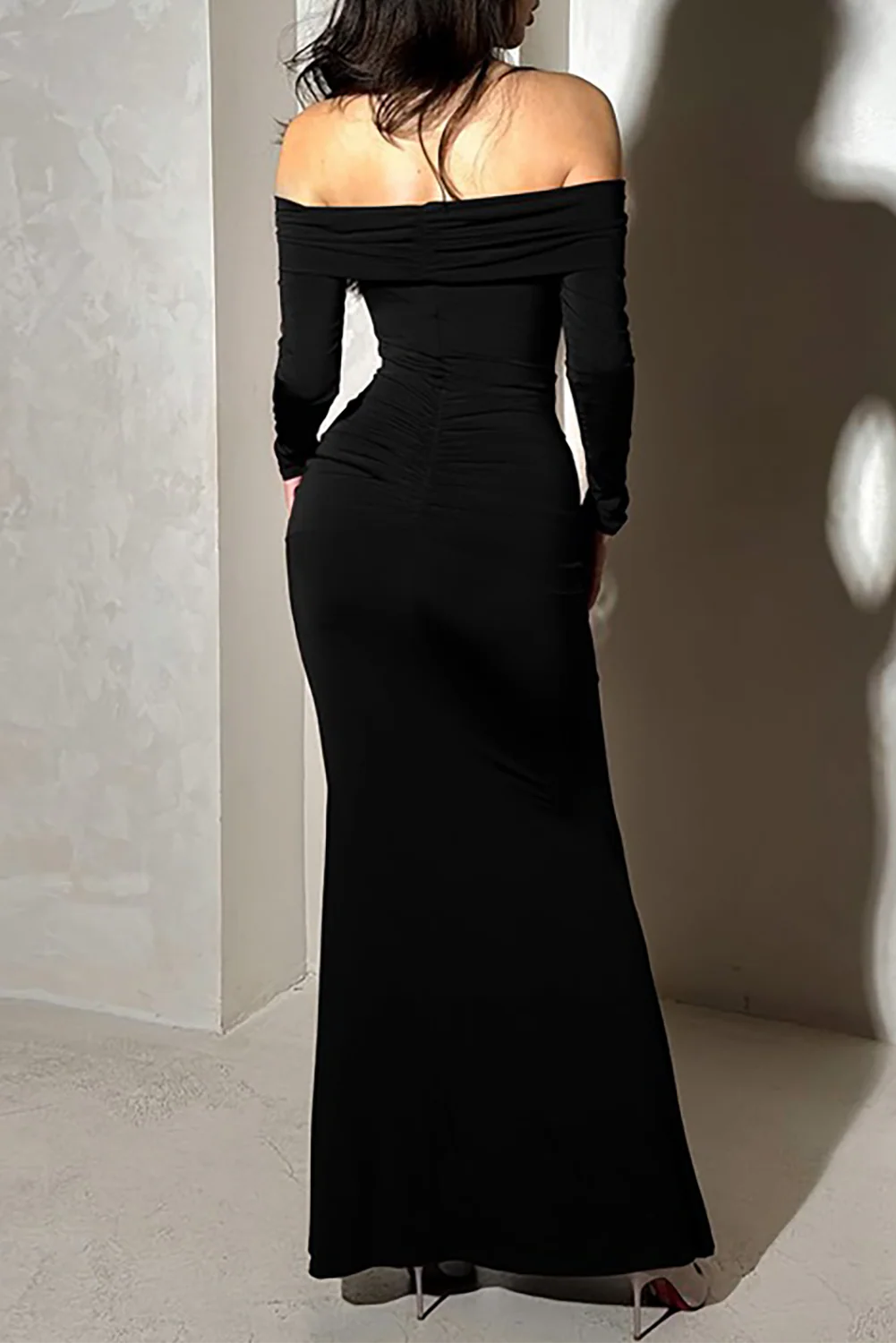 Boat Neck Long Sleeve Ruched Streamer Solid Color Maxi Dresses-ReddishBrown - Image 5