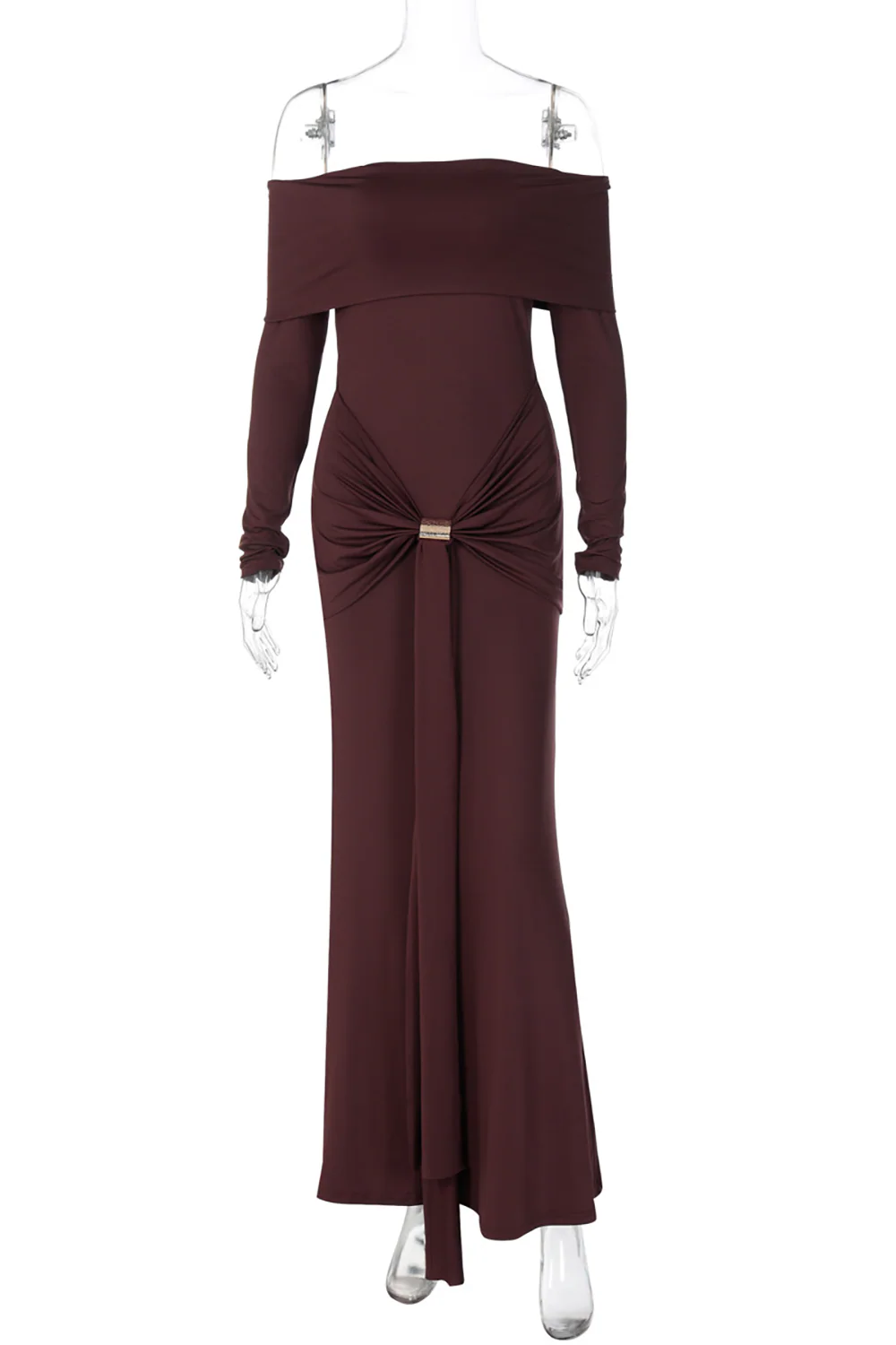 Boat Neck Long Sleeve Ruched Streamer Solid Color Maxi Dresses-ReddishBrown - Image 8