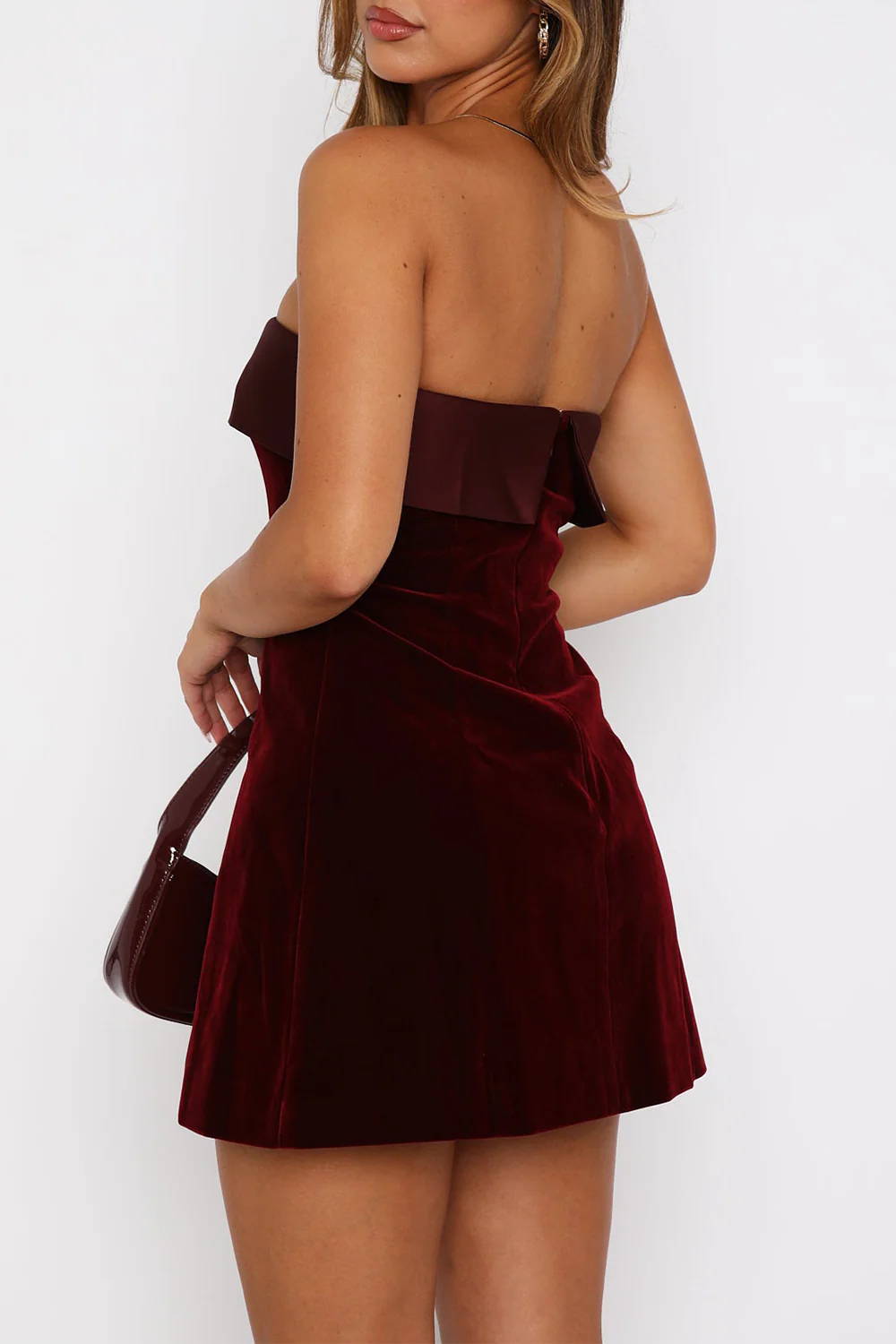 Boat Neck Strapless A Line Velvet Mini Dresses Burgundy - Image 5