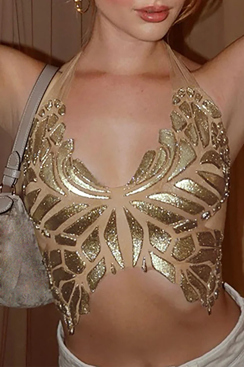 Butterfly Pattern Halter Neck Crop Top Gold - Image 5