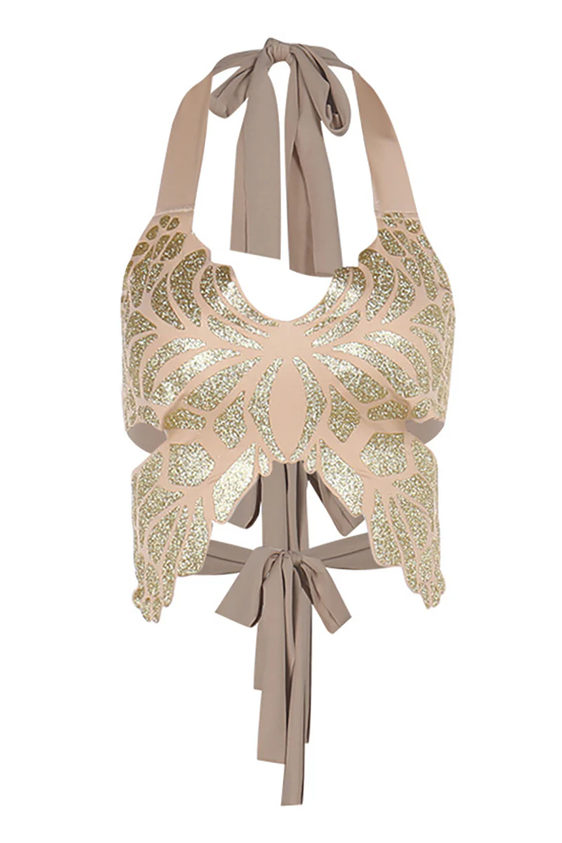 Butterfly Pattern Halter Neck Crop Top Gold - Image 7