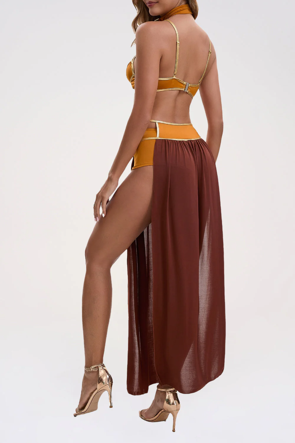 Cami Bra Colorblock Mesh Patchwork High Slit Maxi Skirt Set-Orange - Image 3