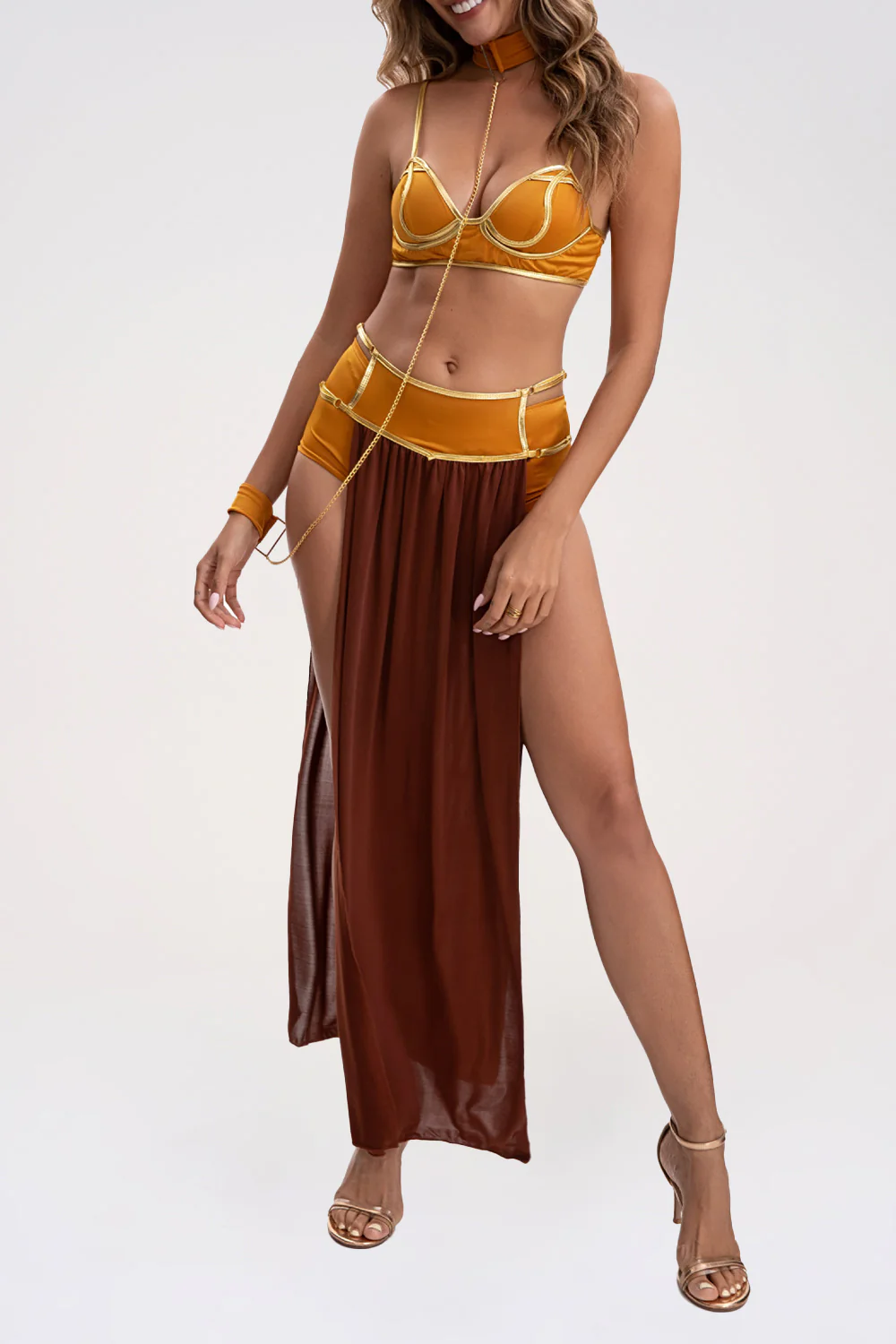 Cami Bra Colorblock Mesh Patchwork High Slit Maxi Skirt Set-Orange - Image 5