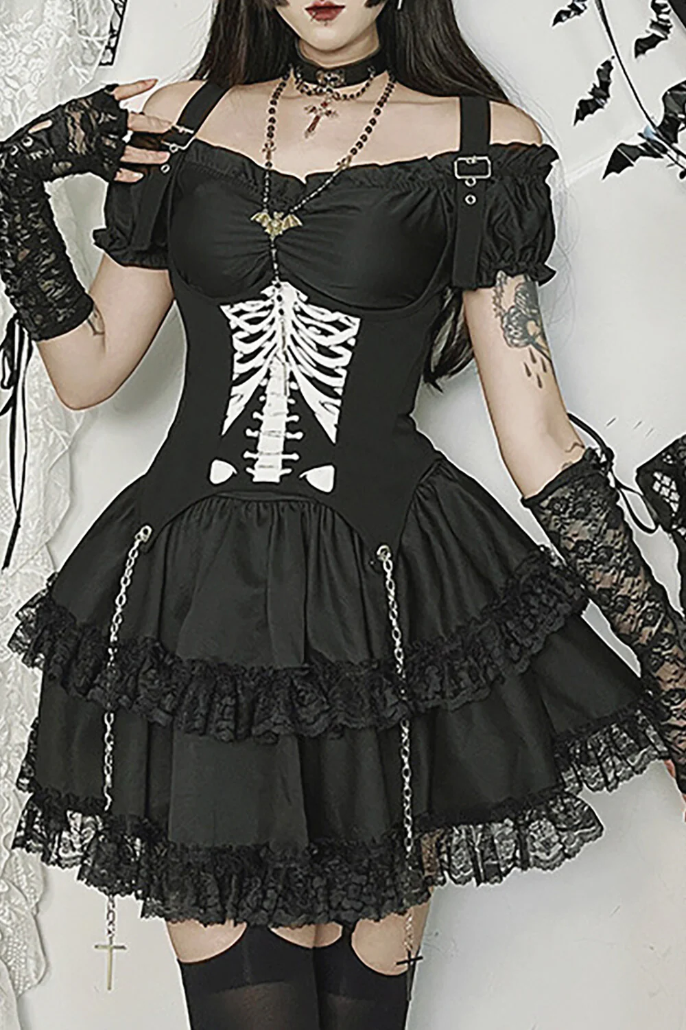 Cami Corset Off Shoulder Lace Ruffled Trim Mini Dresses 2pcs Set-Black - Image 2