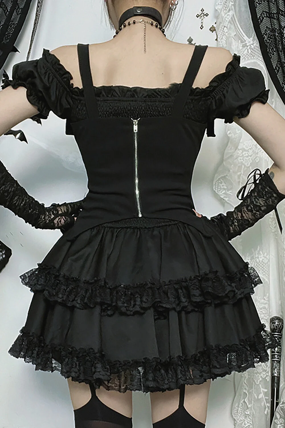 Cami Corset Off Shoulder Lace Ruffled Trim Mini Dresses 2pcs Set-Black - Image 3