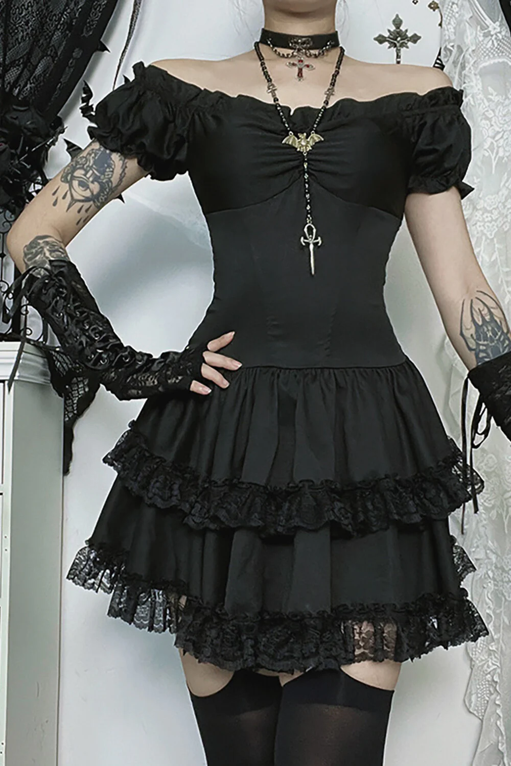 Cami Corset Off Shoulder Lace Ruffled Trim Mini Dresses 2pcs Set-Black - Image 4