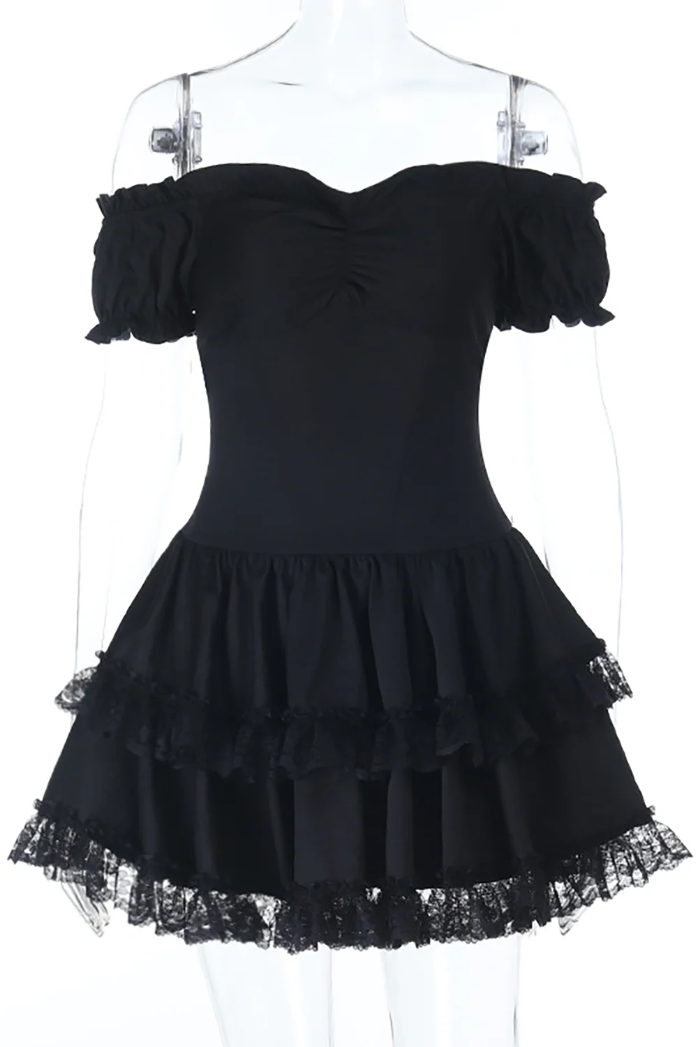 Cami Corset Off Shoulder Lace Ruffled Trim Mini Dresses 2pcs Set-Black - Image 5