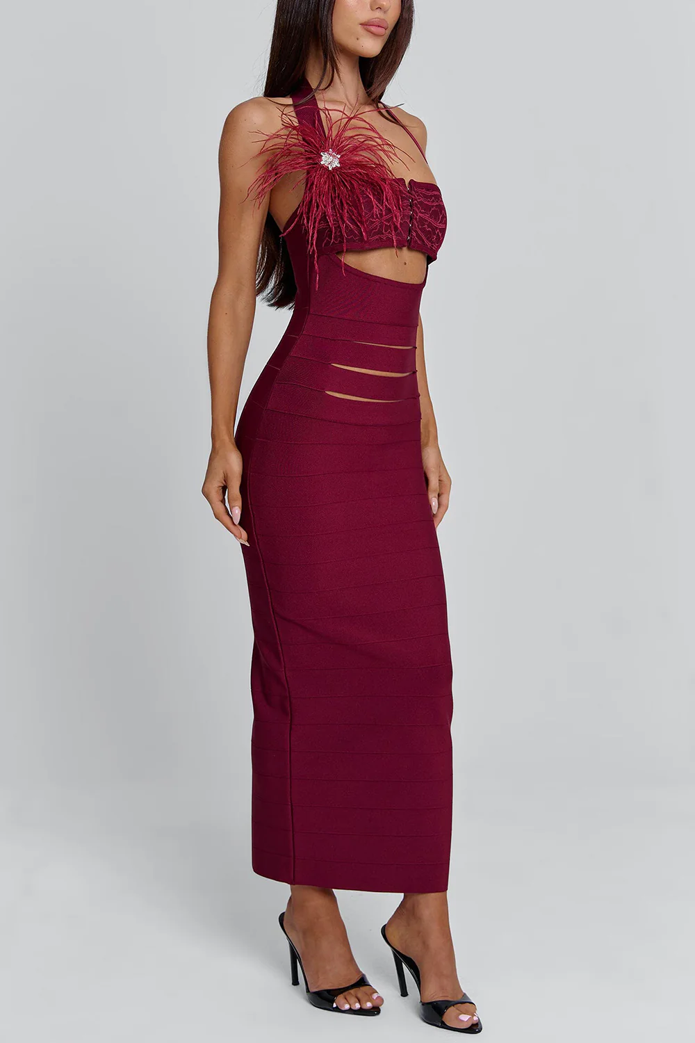 Cami Feather Cut Out Cinch Waist Bodycon Party Maxi Dresses-Red Pre Order - Image 2