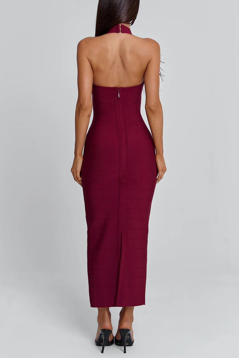 Cami Feather Cut Out Cinch Waist Bodycon Party Maxi Dresses-Red Pre Order - Image 3