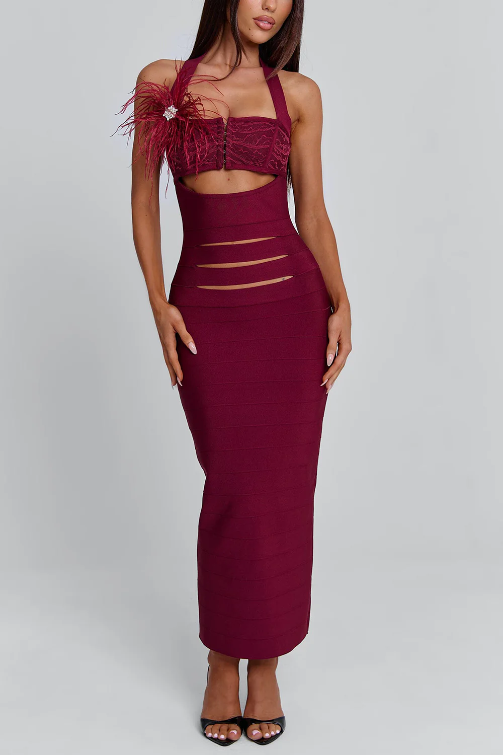 Cami Feather Cut Out Cinch Waist Bodycon Party Maxi Dresses-Red Pre Order - Image 4