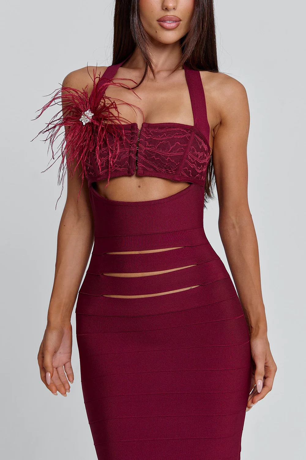 Cami Feather Cut Out Cinch Waist Bodycon Party Maxi Dresses-Red Pre Order - Image 5