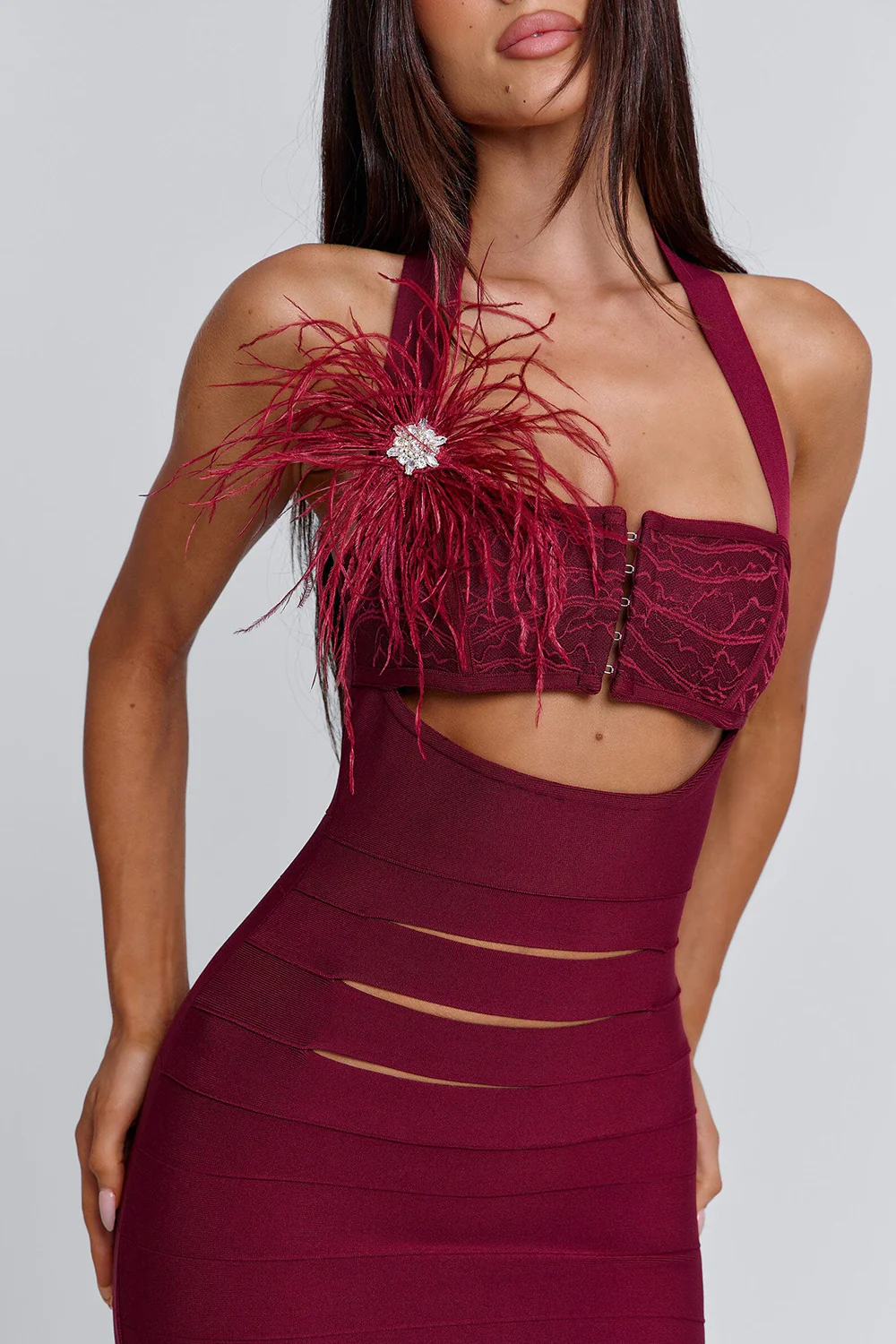 Cami Feather Cut Out Cinch Waist Bodycon Party Maxi Dresses-Red Pre Order - Image 6