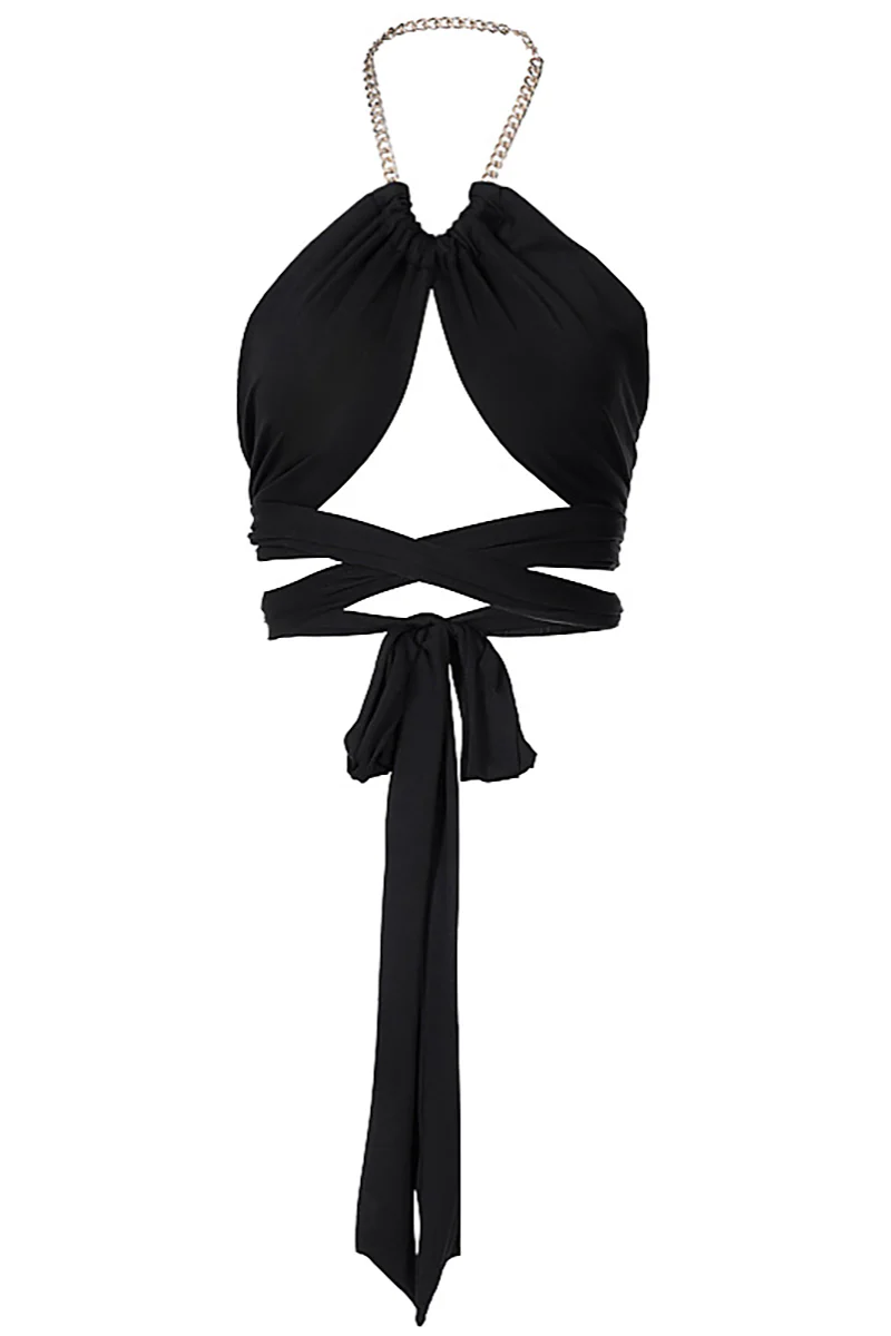Chain Halter Irregular Neck Backless Ruched Crossover Tie Up Crop Top - Image 4