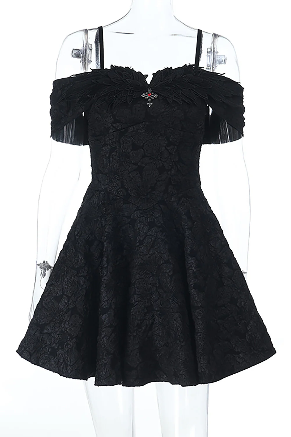 Cold Shoulder Cinch Waist Floral Textured Slip Mini Dresses-Black - Image 6